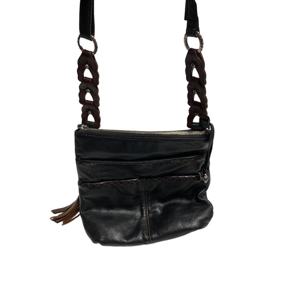 Brighton Koda Black Brown Leather Crossbody Bag Messenger Handbag Silver Tassel - Picture 1 of 10